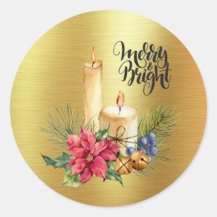 Rustische kaarsen en Poinsettias - Merry en Bright Ronde Sticker