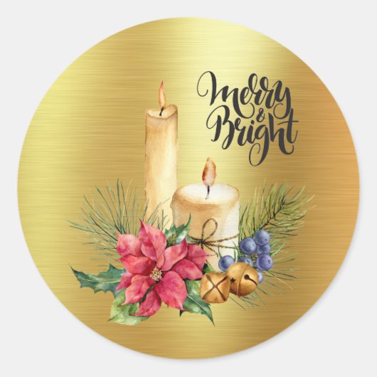 Rustische kaarsen en Poinsettias - Merry en Bright Ronde Sticker (Voorkant)