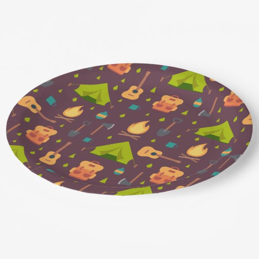 Rustische kamperpatroontenten en gitaren papieren bordje (Gekanteld)