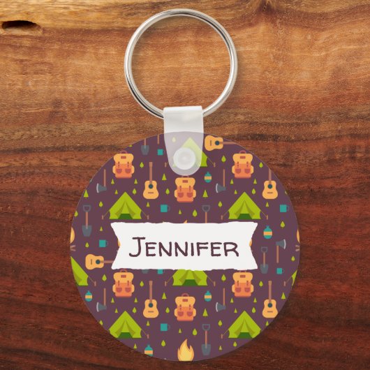 Rustische kamperpatroontenten en gitaren sleutelhanger (Voorkant)