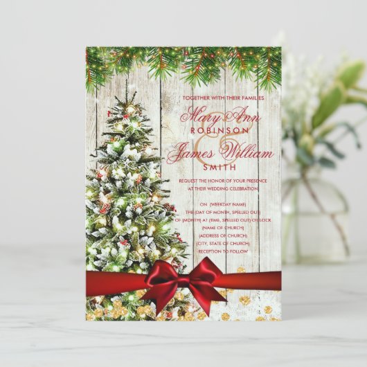 Rustische Kerst Huwelijks Boomlint Goud Glitter Kaart (Staand voorkant)