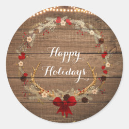 Rustische Kerst Kranstak Kerstkrans Hout & Lichtje Ronde Sticker