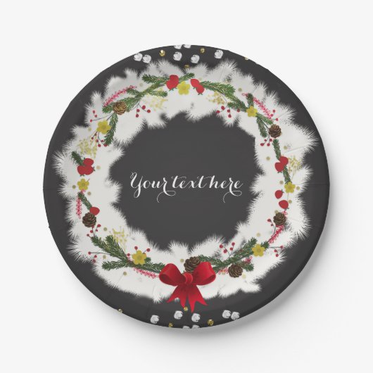 Rustische Kerst Wit Dennenkrans Kerstfeest Papieren Bordje (Voorkant)