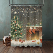 Rustische Kerstboom en Open Haard Gordijn