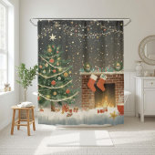 Rustische Kerstboom en Open Haard Gordijn