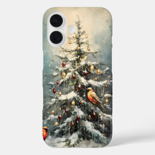 Rustische Kerstboom in de Winter Sneeuw Rode Vogel iPhone 16 Hoesje
