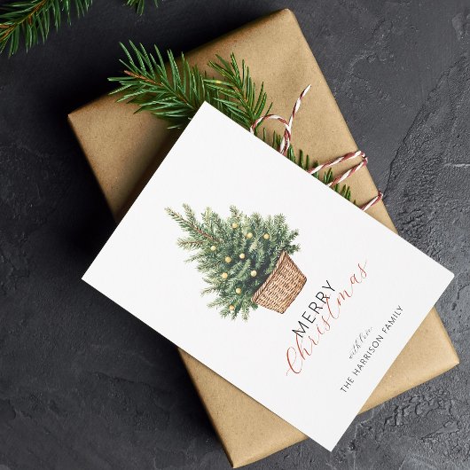 Rustische kerstboom in mand plat feestdagenkaart