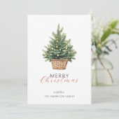 Rustische kerstboom in mand plat feestdagenkaart (Staand voorkant)