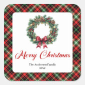 Rustische Kerstkrans Rood Groen Geruit Stickers (Voorkant)