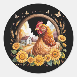 Rustische kip zonnebloem boerderij scène frame  ronde sticker