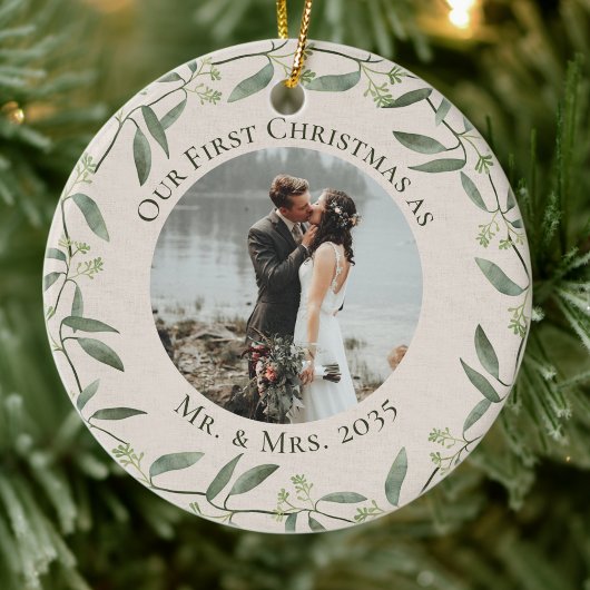 Rustische krans Eerste kerst als mijnheer & mevrou Keramisch Ornament