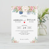 Rustische marine - Blush Pink Floral Modern Weddin Kaart (Staand voorkant)