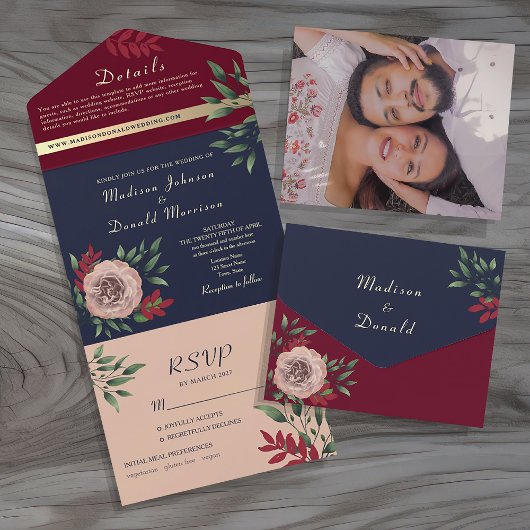 Rustische marine Bourgundy Wedding All In One Uitnodiging