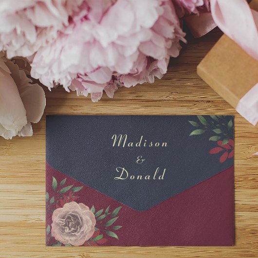 Rustische marine Bourgundy Wedding All In One Uitnodiging