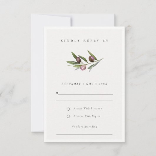 Rustische minimale olijftak Foliage Wedding RSVP (Voorkant)