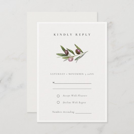 Rustische minimale olijftak Foliage Wedding RSVP Informatiekaartje (Voorkant / Achterkant)