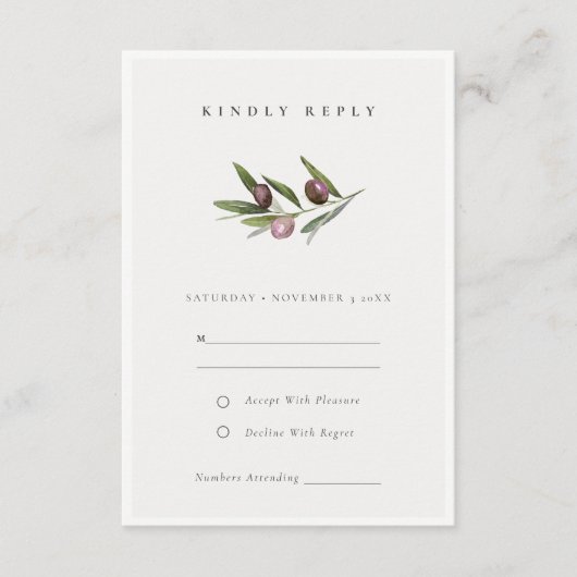 Rustische minimale olijftak Foliage Wedding RSVP Informatiekaartje (Voorkant)