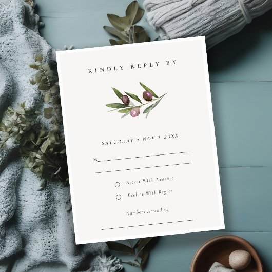 Rustische minimale olijftak Foliage Wedding RSVP Kaartje