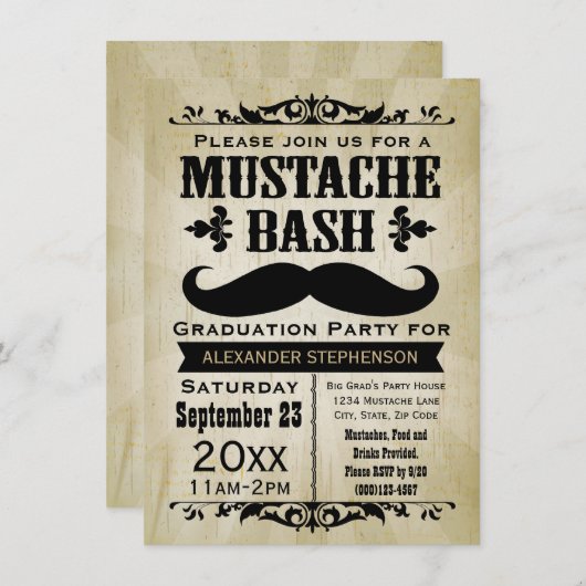 Rustische Mustache Bash Graduation Party Kaart (Voorkant / Achterkant)