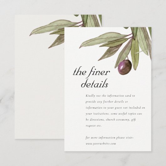 RUSTISCHE OLIJFOLIËLE WATERVERF AFBEELDINGSGEGEVEN INFORMATIEKAARTJE (Voorkant / Achterkant)