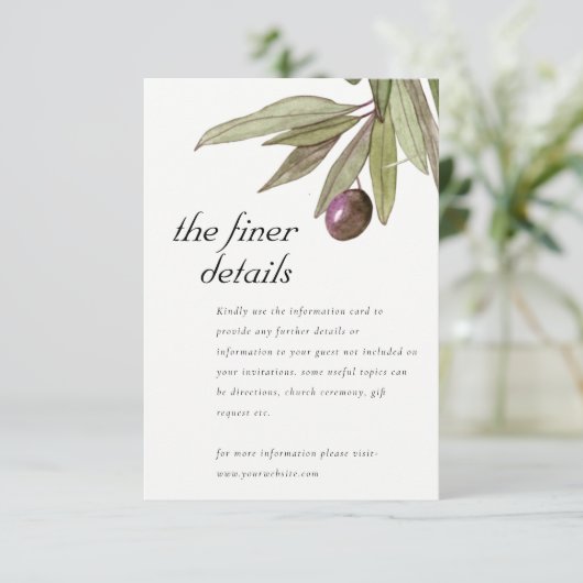 RUSTISCHE OLIJFOLIËLE WATERVERF AFBEELDINGSGEGEVEN INFORMATIEKAARTJE (Staand voorkant)