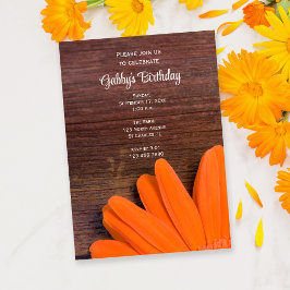 Rustische Oranje Daisy en Barn Wood Birthday Party Kaart