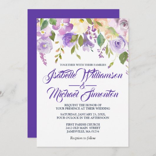 Rustische Paarse brute Floral Wedding Invitations Kaart (Voorkant / Achterkant)