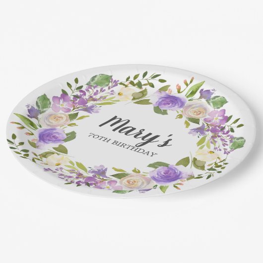 Rustische Paarse Floral 70e verjaardag Papieren Bordje (Gekanteld)