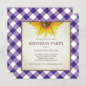 Rustische Paarse Gingham Birthday Uitnodiging (Voorkant / Achterkant)
