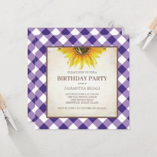 Rustische Paarse Gingham Birthday Uitnodiging