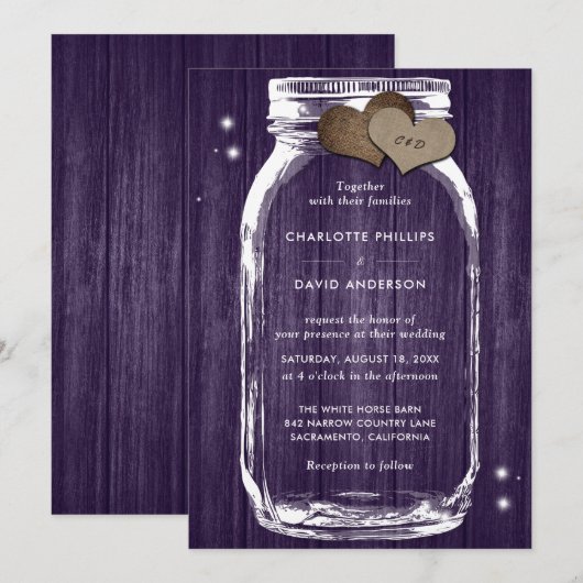 Rustische Paarse houten Mason Jar Wedding Invitati Kaart (Voorkant / Achterkant)