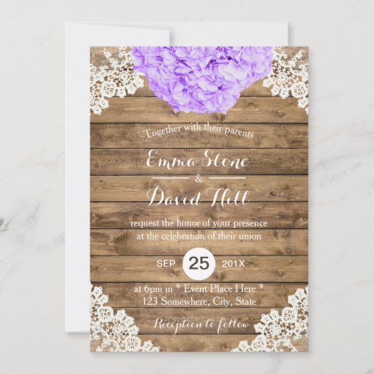 Rustische Paarse Hydrangea Floral Lace Barn Weddin Kaart (Voorkant)