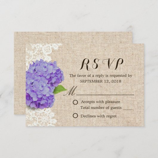 Rustische Paarse Hydrangea Lace & Burlap Wedding R RSVP Kaartje (Voorkant / Achterkant)