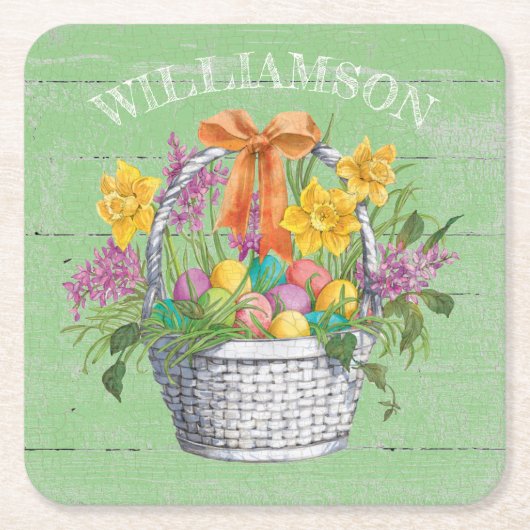 Rustische paaskorf voor groen kartonnen onderzetters (Voorkant)