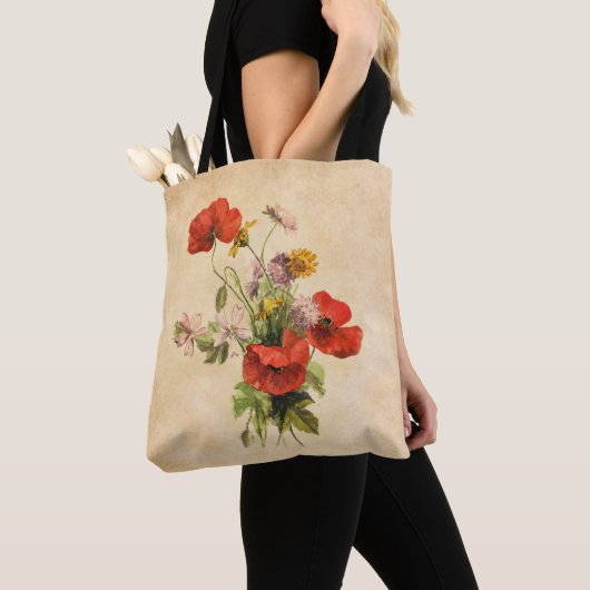  Rustische papaver Wilde bloemen Beige Tote Bag (Dichtbij)