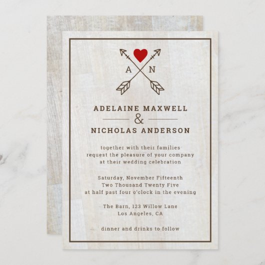 Rustische pijlen Rood Heart Wedding Kaart (Voorkant / Achterkant)