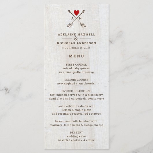 Rustische pijlen Rood Heart Wedding Menu (Voorkant)