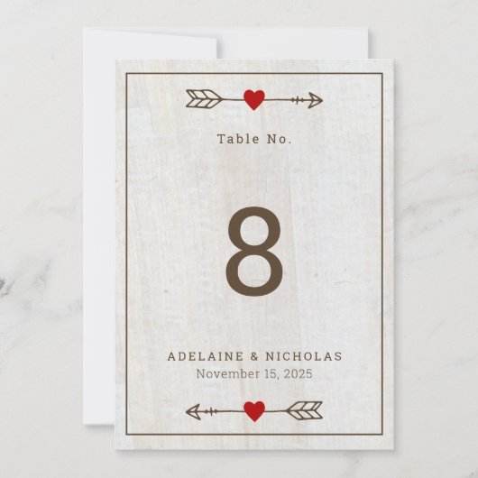 Rustische pijlen Rood Heart Wedding Table Number K (Voorkant)