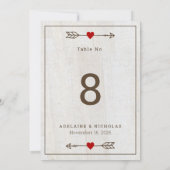 Rustische pijlen Rood Heart Wedding Table Number K (Achterkant)