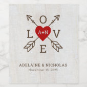 Rustische pijlen Rood Heart Wedding Wijn Etiket (Enkel label)