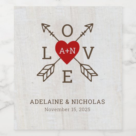 Rustische pijlen Rood Heart Wedding Wijn Etiket (Enkel label)