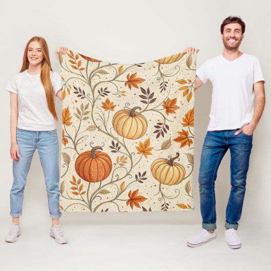 Rustische pompoen- en herfstloofprint fleece deken (In situ)