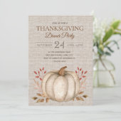 Rustische Pompoen Linnen Thanksgiving Dinerfeest Kaart (Staand voorkant)