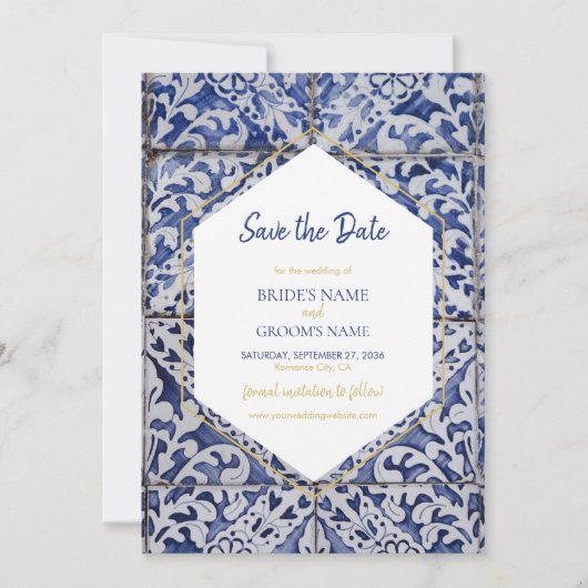 Rustische Portugese Tiles Wedding Save The Date (Voorkant)
