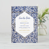 Rustische Portugese Tiles Wedding Save The Date (Staand voorkant)