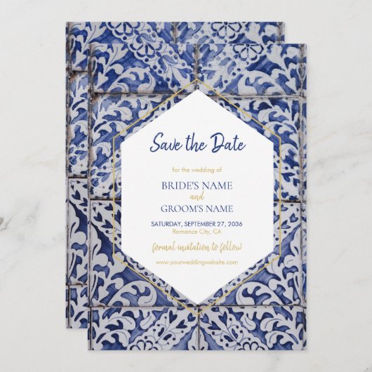 Rustische Portugese Tiles Wedding Save The Date (Voorkant / Achterkant)