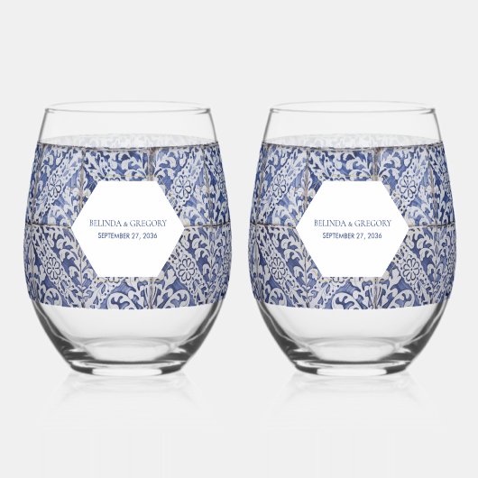 Rustische Portugese Tiles Wedding Wijnglas Zonder Voet (Achterkant)