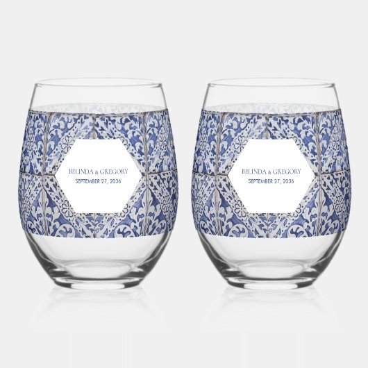 Rustische Portugese Tiles Wedding Wijnglas Zonder Voet (Voorkant)