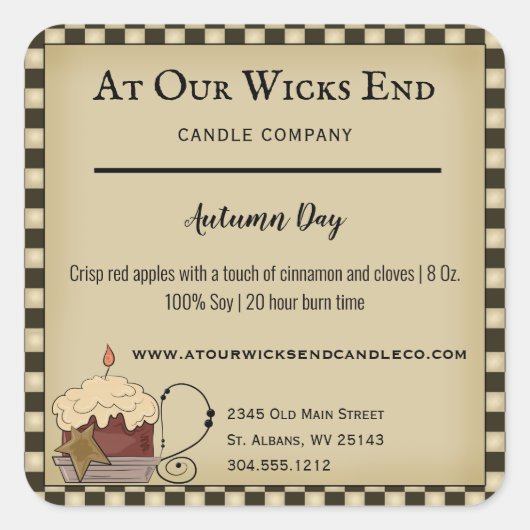 Rustische primitieve productlabels voor kaarsen vierkante sticker (Voorkant)