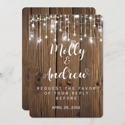 Rustische reeks lichtbruiloft RSVP KAART INVITER (Voorkant / Achterkant)